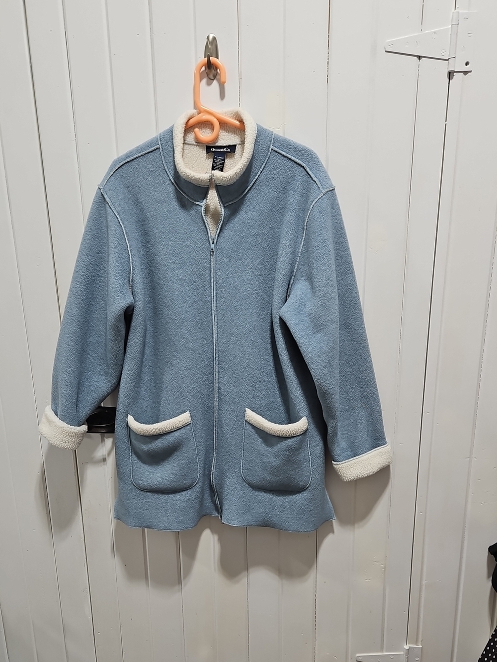 Denim&Co Powder Blue Teddy Jacket with Cream Trim